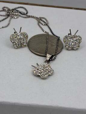 Vintage 925 Mexico Silver Butterfly Rhinestone Jewelry Set